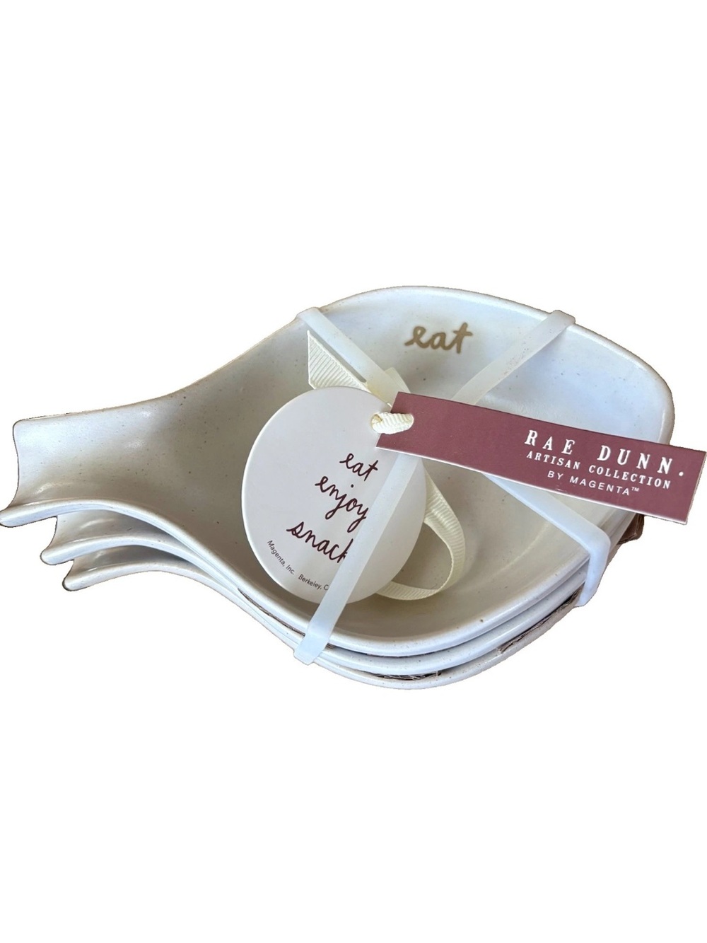 RAE DUNN Minimalist Farmhouse Nesting Stone Spoon Rests EAT ENJOY SNACK Leaves~3